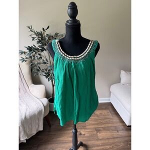 NY Collection Green Sleeveless Blouse Sequin Rope Neckline Top Large